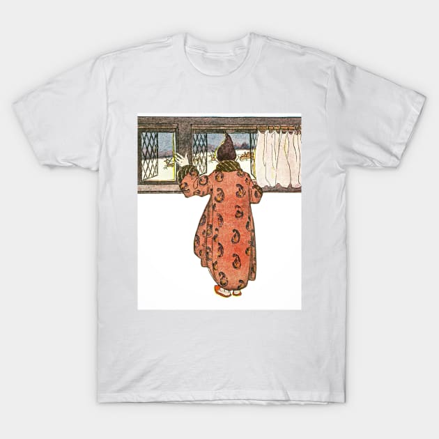 Man Looking out the Window to See Christmas Reindeer Carriage T-Shirt by SkyisBright